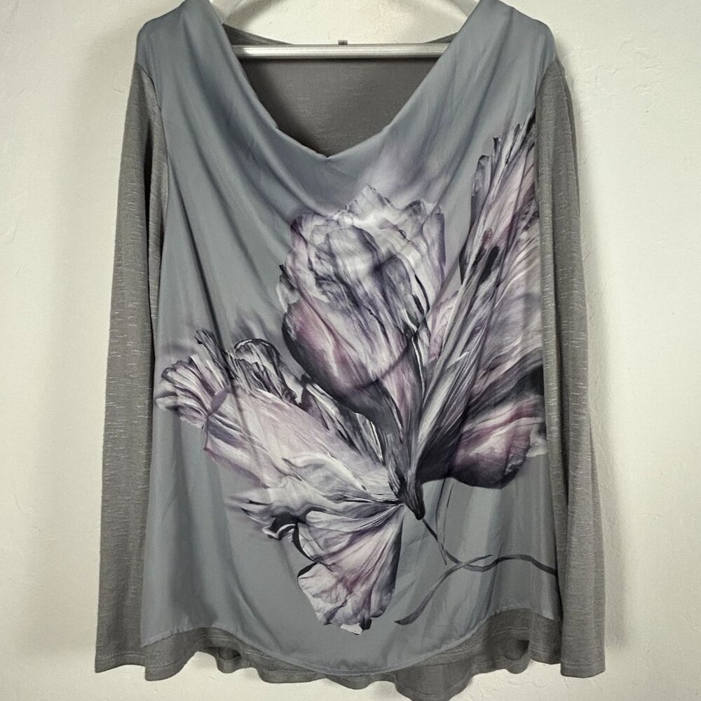 RJR John Rocha Womens Floral Print Drape Neck Long Sleeve Blouse Size 20 Gray